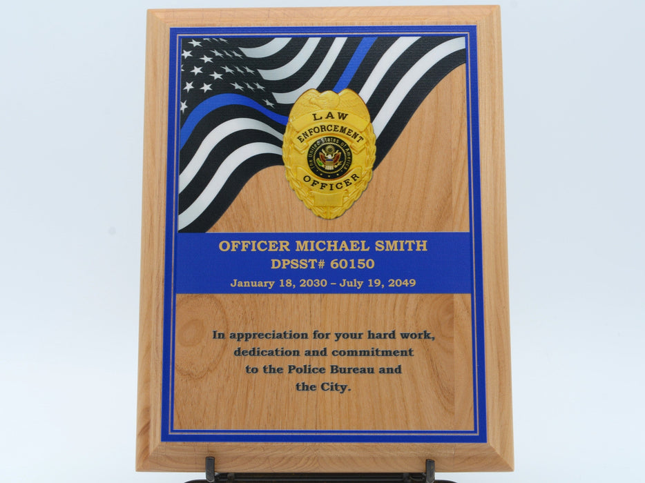 Police Blue Line Flag Plaque with Badge on Alder Wood