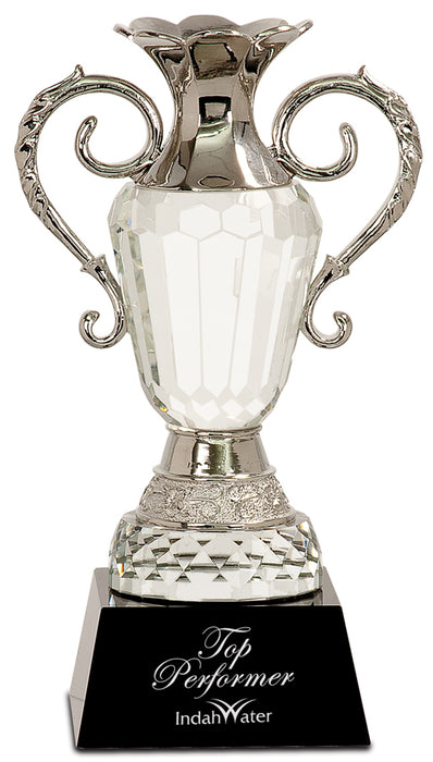 Crystal Trophy Cup with Silver Metal Handles on Black  Base