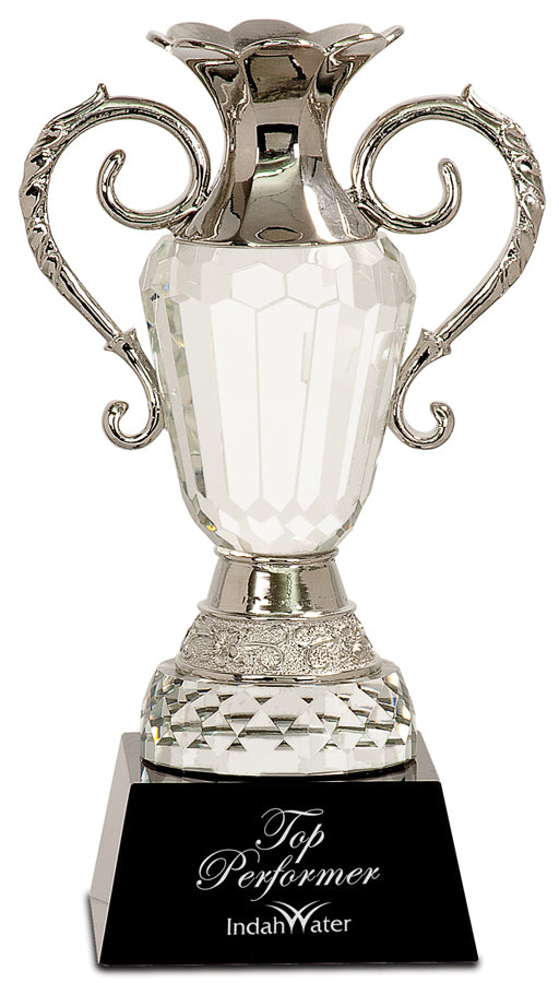 Crystal Trophy Cup with Silver Metal Handles on Black  Base