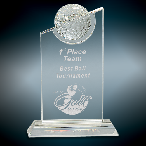 CRYSTAL GOLF BALL MOUNTED ON CRYSTAL PANEL ON CRYSTAL BASE