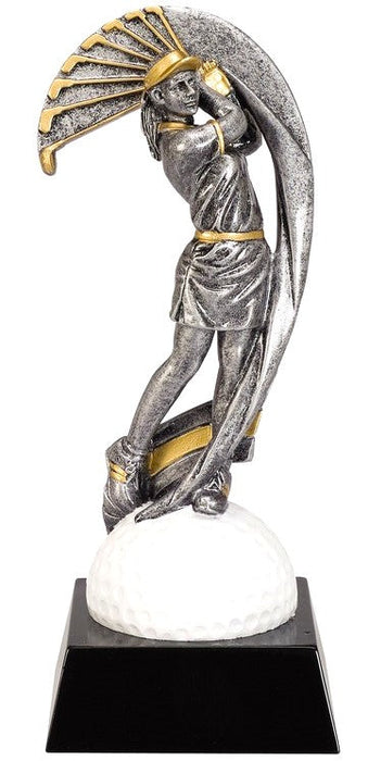 Golf Full Motion Swing Female resin trophy on black base