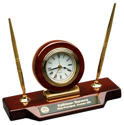 9" x 4 3/4" Piano Finish Desk Clock on Base with 2 Pens