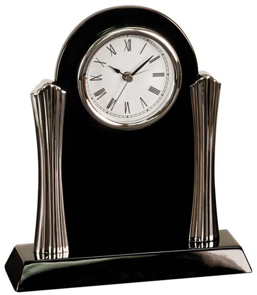 8 1/4" x 7 1/2" Black Piano Finish Clock with Silver Columns