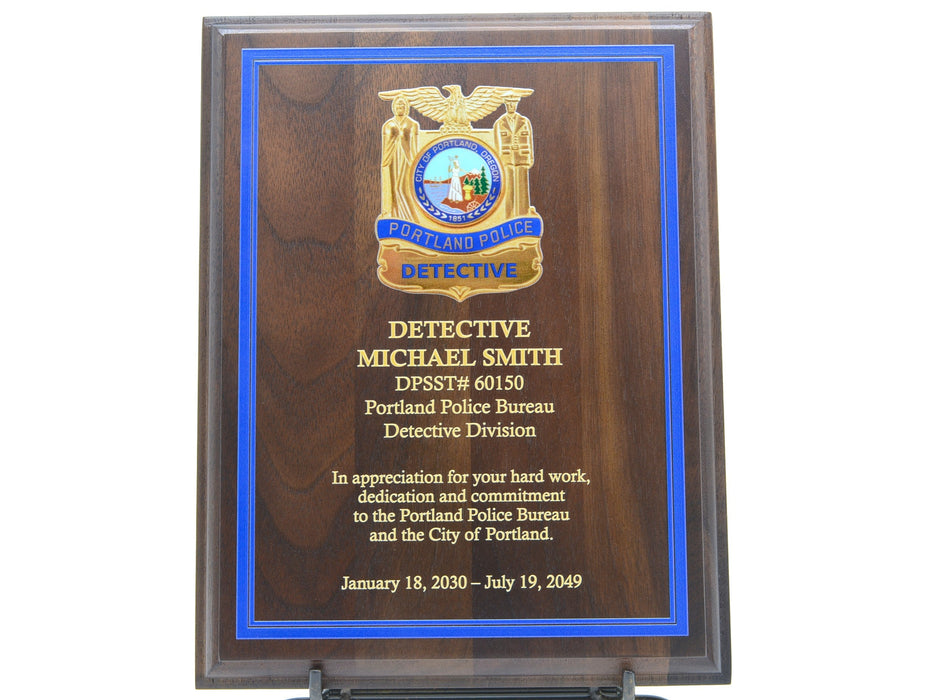 Police Badge Plaque on Genuine Walnut