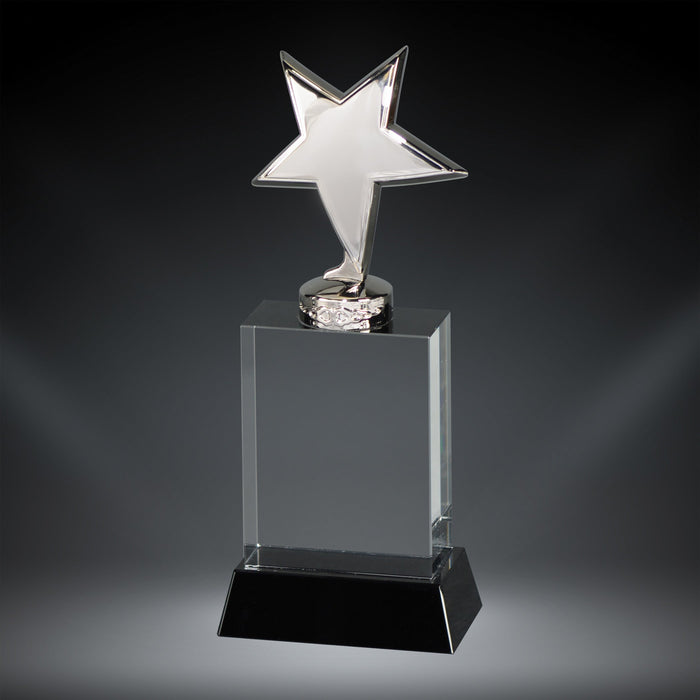 Metal Silver Star Award on Clear Crystal with Black Base