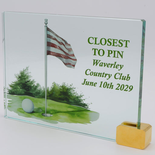 Glass Standup Plaque with gold base and color print