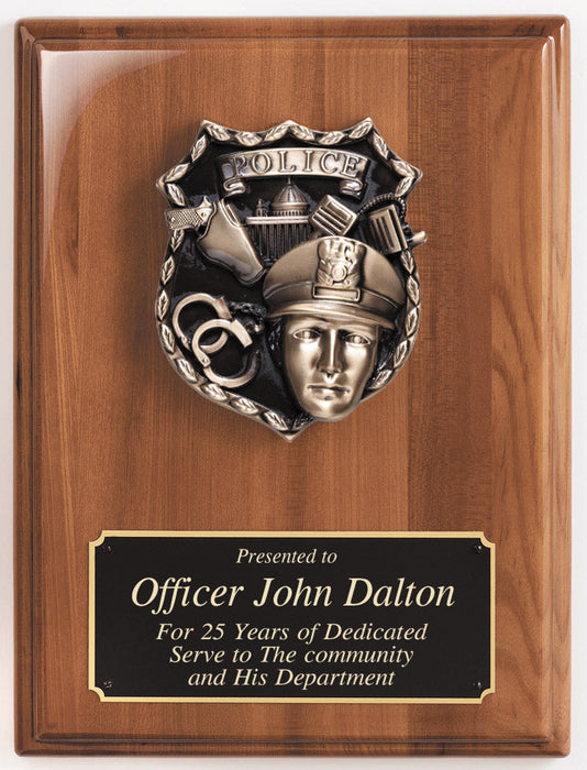 Walnut piano finish plaque with police casting